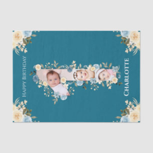 1. Geburtstagsfoto Collage Aquamarin-blau-gelbe Bl Seidenpapier