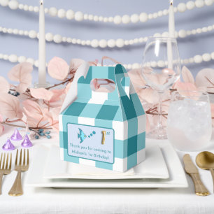 1. Geburtstagsfoto Teal Gingham Fisch Goldfolie Geschenkschachtel