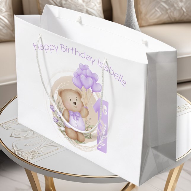1. Geburtstagskarte Lila Name Geschenktasche Große Geschenktüte (Cute Personalized Name 1st Birthday Girl Purple Gift Bag)