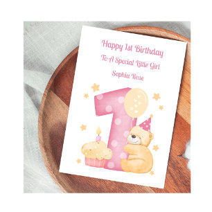 1. Geburtstagskarte rosa Mädchen Teddybär Karte