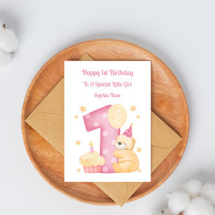 1. Geburtstagskarte rosa Mädchen Teddybär Karte