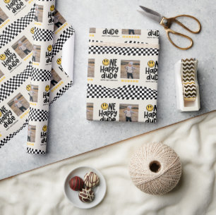 1. Geburtstagslächeln Gesicht Retro Schwarz-weiß G Geschenkpapier