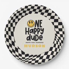 1. Geburtstagslächeln Gesicht Retro Schwarz-weiß G Pappteller