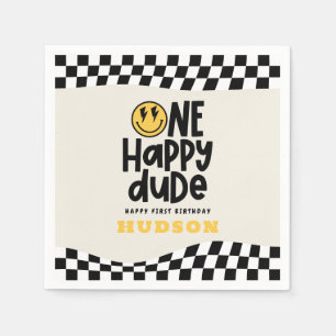 1. Geburtstagslächeln Gesicht Retro Schwarz-weiß G Serviette