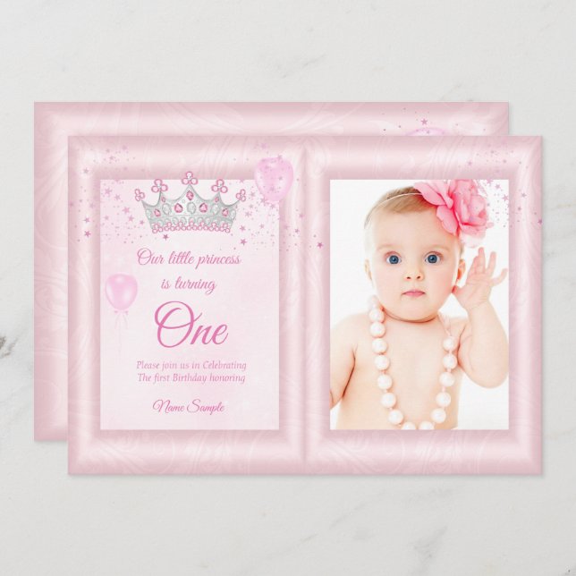 1. Geburtstagsmädchen Balloons Rosa Foto Einladung (Vorne/Hinten)