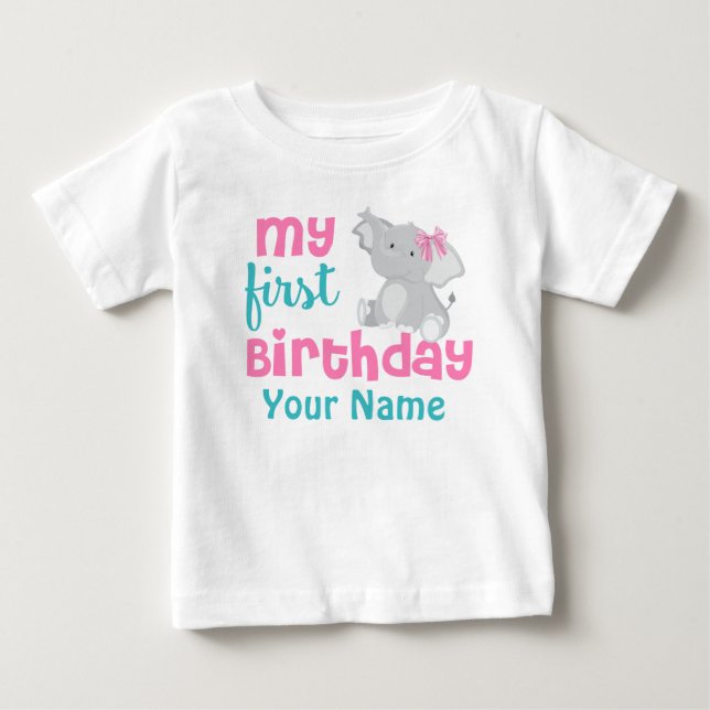 1. Geburtstagsmädchen Elephant Pink Personalisiert Baby T-shirt (Vorderseite)