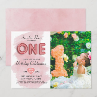 1. Geburtstagsmädchen Foto Pink Ballon Typografie Einladung