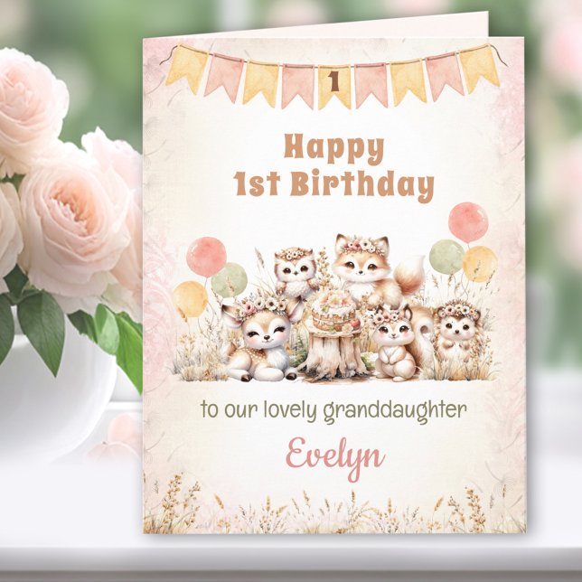 1. Geburtstagsmädchen Pink Boho Woodland Tiere Karte (1st Birthday Girl Pink Woodland Animals Card)