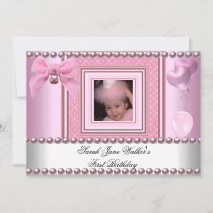 1. Geburtstagsmädchen Pink Weißes Pearl Foto Erste Einladung