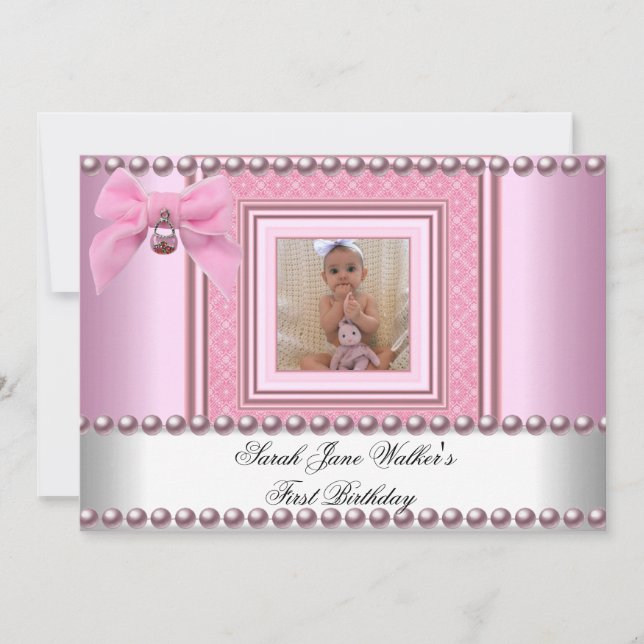 1. Geburtstagsmädchen Pink Weißes Pearl Foto Erste Einladung (Vorderseite)