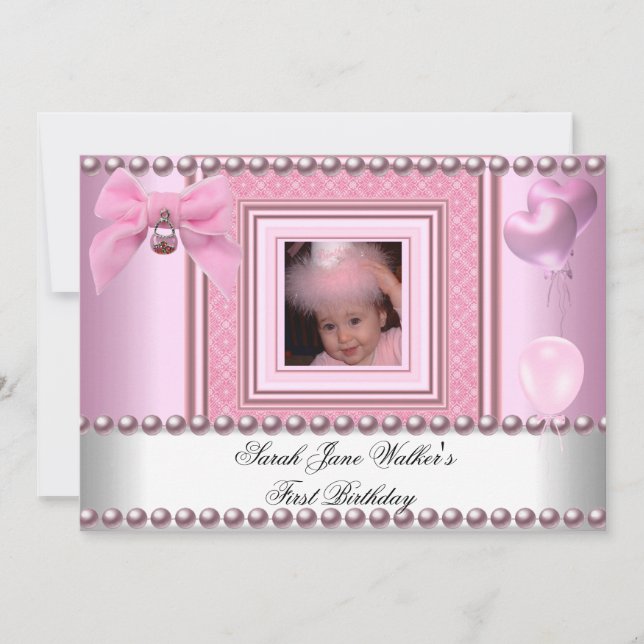 1. Geburtstagsmädchen Rosa Weiße Perle Foto Erste Einladung (Vorderseite)
