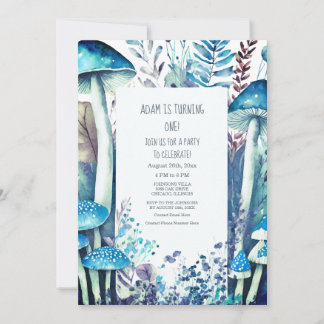 1. Geburtstagsparty Mushroom Woods Blue White Einladung