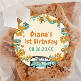 1. Groovy Babe Retro Rainbow 1. Geburtstag Runder Aufkleber