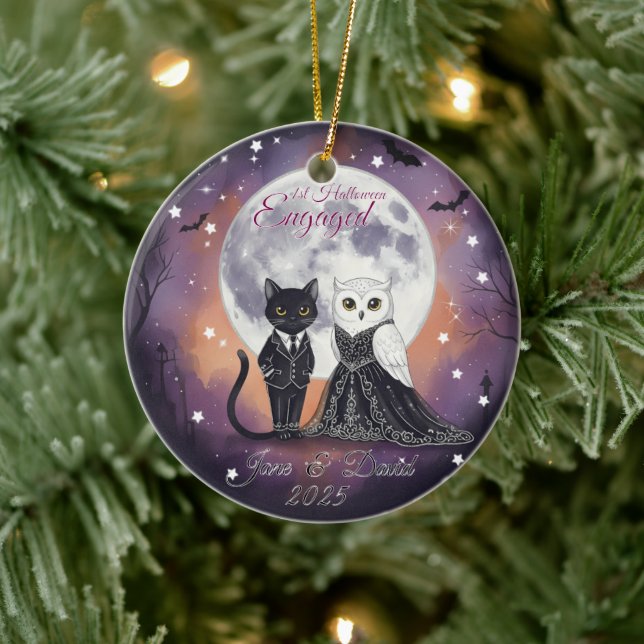 1. Halloween Verlobt Cat Owl mit Name Keramik Ornament (Baum)