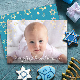1. Hanukkah Baby Foto Script Gold Star von David Feiertagskarte