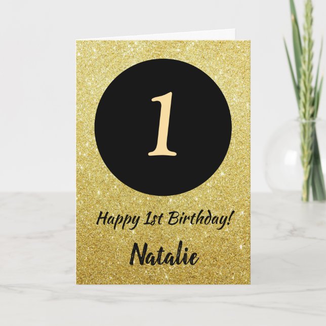1. Happy Birthday Black and Gold Glitzer Card Karte (Vorderseite)