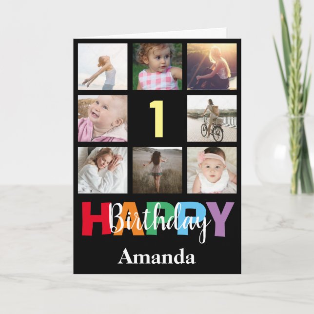 1. Happy Birthday Foto Collage Modern Black Card Karte (Vorderseite)