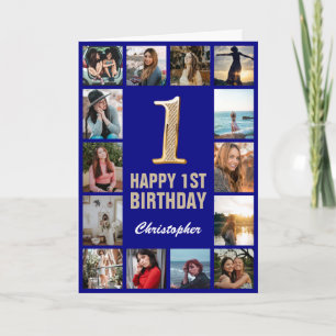 1. Happy Birthday Navy Blue & Gold Foto Collage Karte