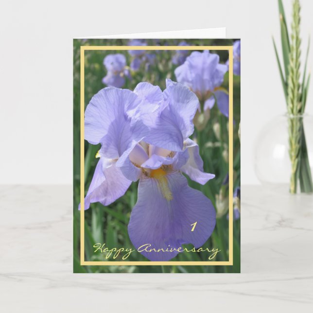 1. Hochzeit Jubiläum wünscht Lila Iris Elegant Karte (Vorderseite)