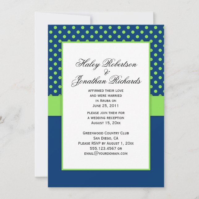 1 Hochzeit von Navy Blue und Lime Green Polka Dots Einladung (Vorderseite)