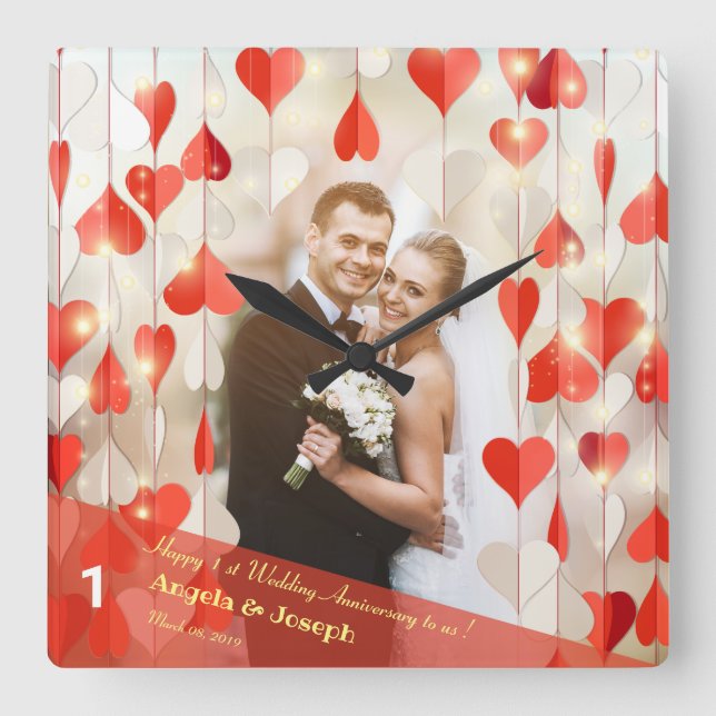 1. Hochzeitsfeiertag - Hörvorhang-Uhr Quadratische Wanduhr (Vorderseite)