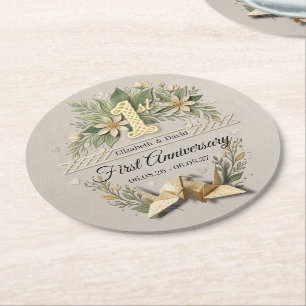 1. Hochzeitstag - Florale Kraniche für das Papierh Runder Pappuntersetzer