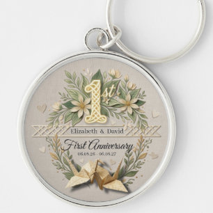 1. Hochzeitstag Papier Florale Kraniche Paare Schlüsselanhänger