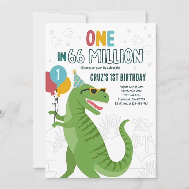 1 in 66 Millionen Dinosaurier T-Rex 1. Geburtstag Einladung (Vorderseite)