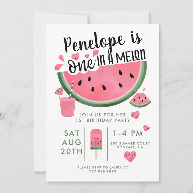 1 in A Melon Watermelon 1. Geburtstag Einladung (Vorderseite)