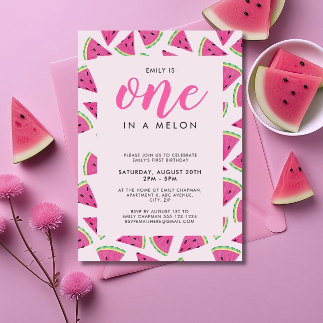 1 in einer Melone 1. Geburtstag Einladung (One in a Melon, watermelon themed girls first birthday invitation)