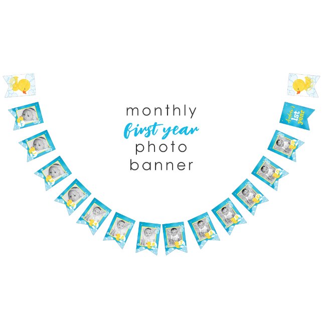 1. Jahr Foto Wasserfarbenduckbanner Wimpelkette (Watercolor Rubber Duck Monthly Photo 1st Year Hanging Banner : Blue Yellow White Boy)