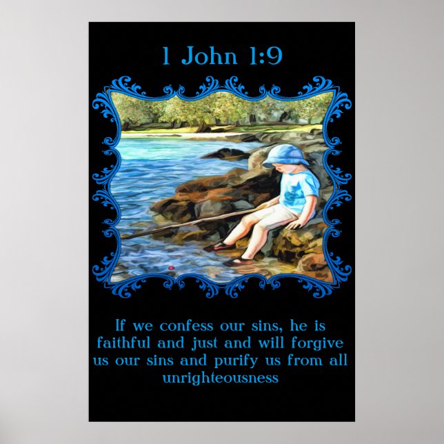 1 John 1:9 Baby Junge fischen im Fluss. Poster (Vorne)