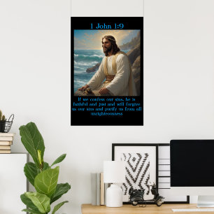 1 John 1:9 mit einem alten Boot im ruhigen Ozean Poster