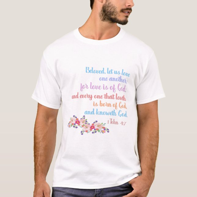 1 John 4:7 Bibelverse Regenbogentext T-Shirt (Vorderseite)