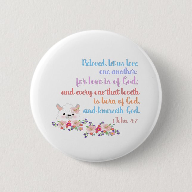 1 John 4:7 Bible Verse Regenbogentext Button (Vorderseite)