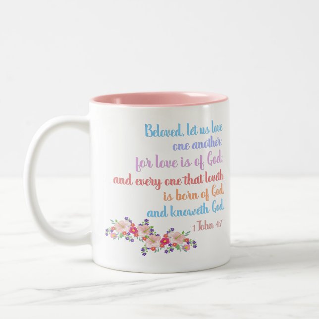 1 John 4:7 Bible Verse Regenbogentext Zweifarbige Tasse (Links)
