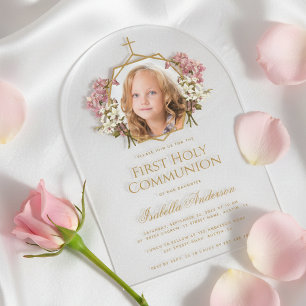 1. Kommunion Gold Mädchen Foto Floral Rosa Elegant Acryleinladungen