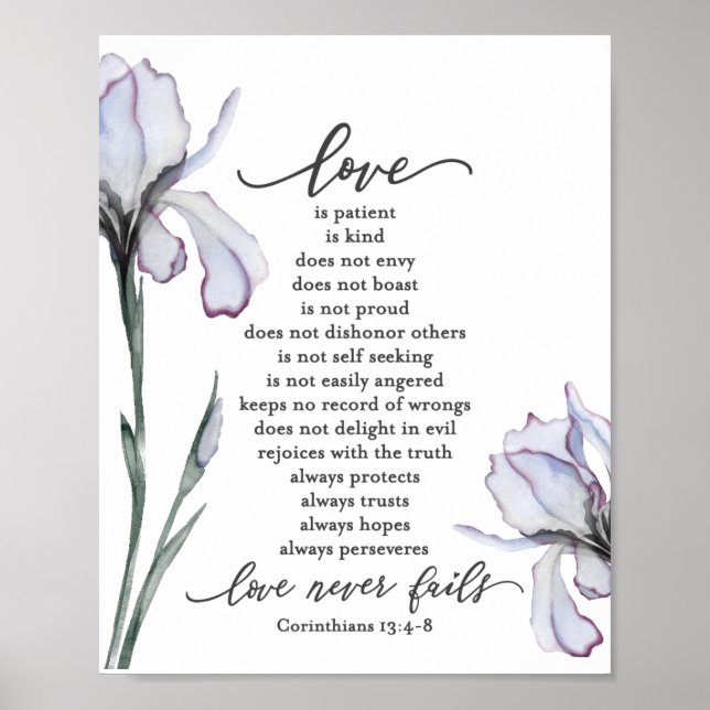 1 Korinther 13:4-8 Liebe ist Patient Lavendel Iris Poster (Vorne)