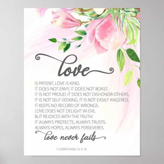 1 Korinther 13:4-8 Liebe ist Patient Pink Magnolia Poster (Vorne)