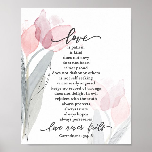 1 Korinther 13:4-8 Liebe ist Patient Pink Tulips Poster (Vorne)