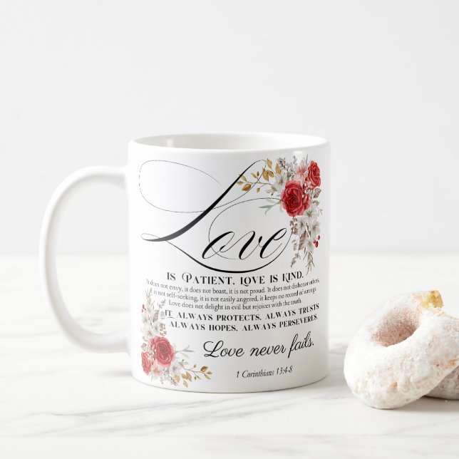 1 Korinther 13:4-8 Liebe ist Patientenbibel Blüte Kaffeetasse (Mit Donut)