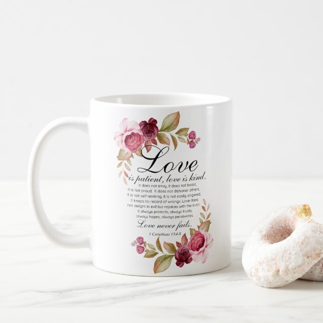 1 Korinther 13:4-8 Liebe ist Patientenblütenbibel Kaffeetasse (Mit Donut)