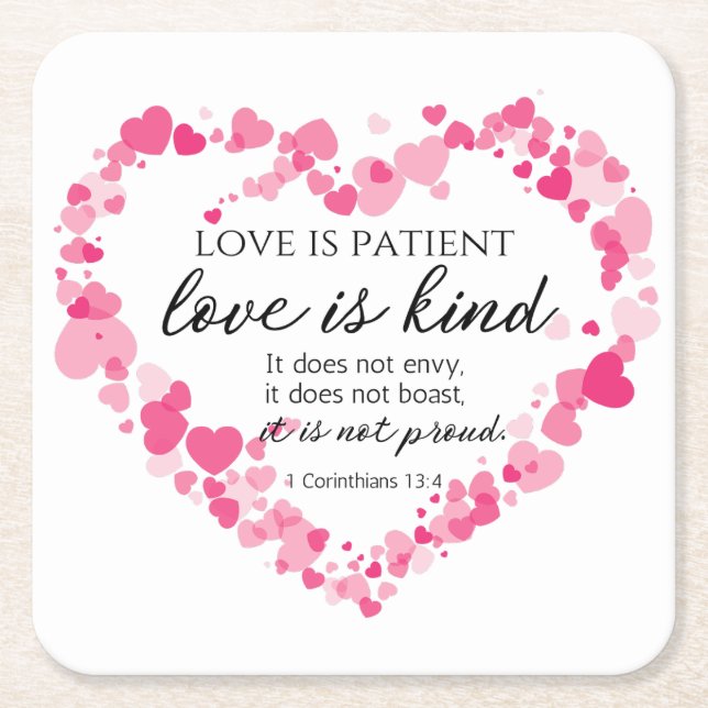 1 Korinther 13:4 Liebe ist Patient rosa Herzen Rechteckiger Pappuntersetzer (Vorderseite)