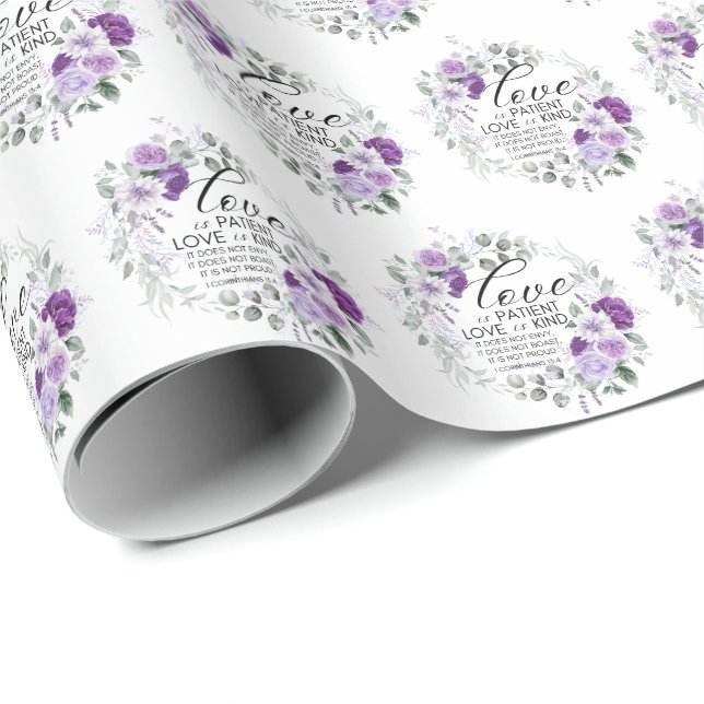 1 Korinther 13:4 Liebe ist Patient Violet Floral Geschenkpapier (Rolleneckpunkt)