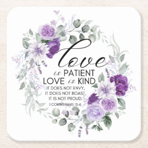 1 Korinther 13:4 Liebe ist Patient Violet Floral Rechteckiger Pappuntersetzer