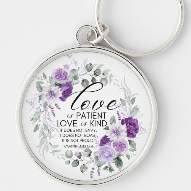 1 Korinther 13:4 Liebe ist Patient Violet Floral Schlüsselanhänger (Vorne)