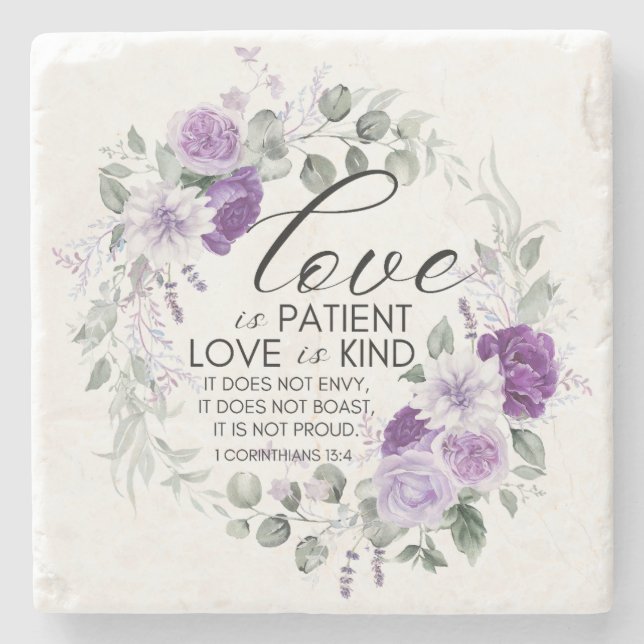 1 Korinther 13:4 Liebe ist Patient Violet Floral Steinuntersetzer (Vorderseite)