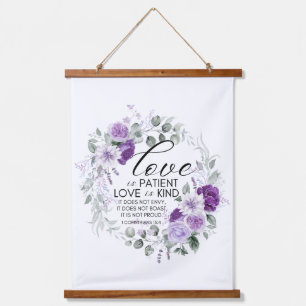 1 Korinther 13:4 Liebe ist Patient Violet Floral Wandteppich Mit Holzrahmen