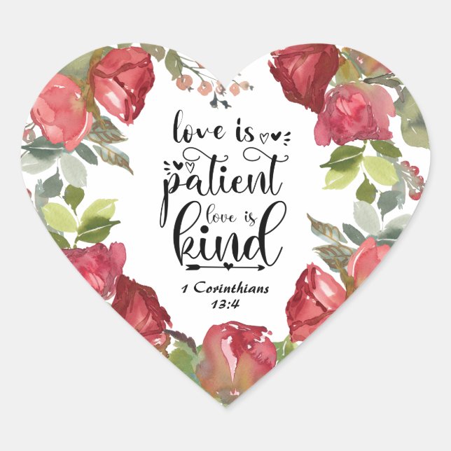 1 Korinther 13:4 Liebe Patienten Rote Rosen Herz-Aufkleber (Vorderseite)