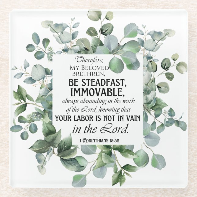 1 Korinther 15:58 Inspirational Verse Eukalyptus Glasuntersetzer (Vorderseite)